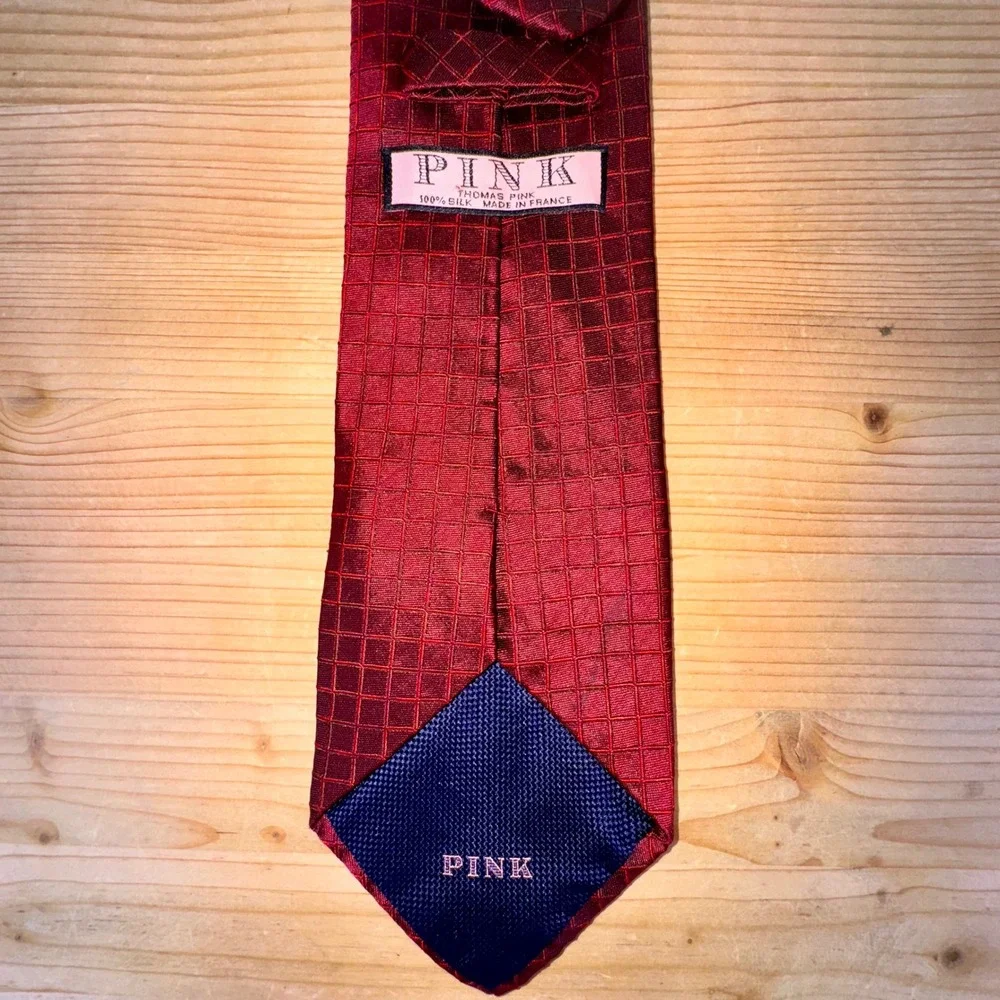 Thomas Pink 100% Silk Red Grid Tie Made‎ in France Luxury Designer Formal